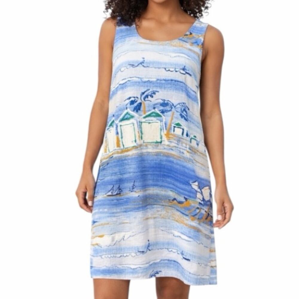 Jams World Sleeveless Tropical Print Tank Dress Blue Multi Women’s Size Small